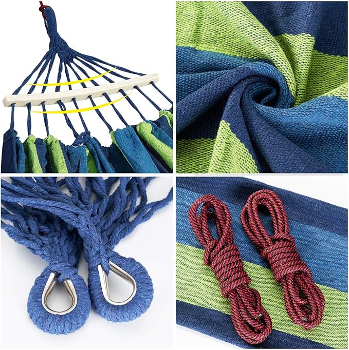 Brazilian Double Hammock 2 Person Canvas Cotton Hammock with Carrying Bag for Patio Porch Garden Backyard Lounging Outdoor/ Indoor Green Stripe Hammock