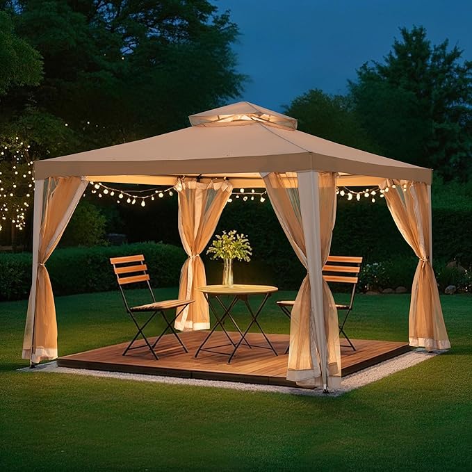 Sunjoy 10 x 10 ft. Soft Top Gazebo, Outdoor Patio Backyard Modern 2-Tier Steel Frame Gazebo with Mesh Netting - Grey & Khaki