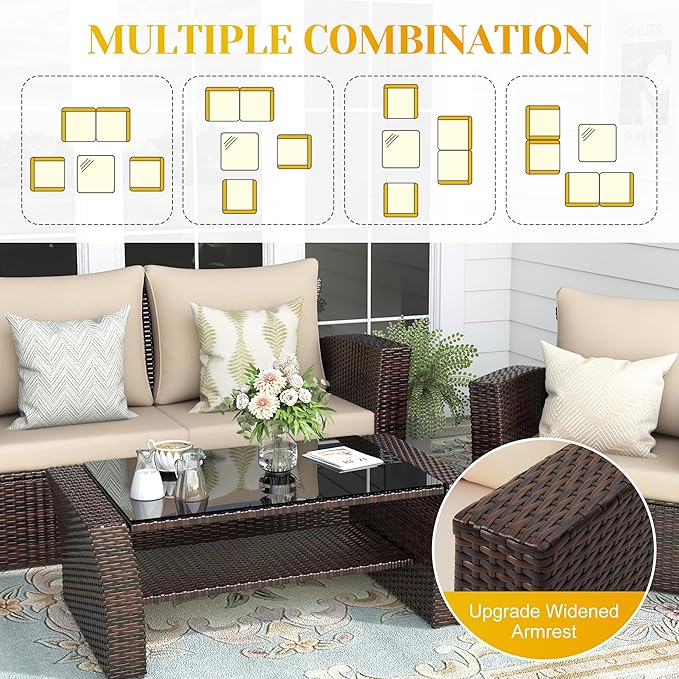 4-Piece Outdoor Patio Furniture Set, All Weather Wicker Rattan Sectional Sofa Conversation Seating Set with Cushions & Large Glass Coffee Table, Ideal for Garden Backyard Porch, Beige