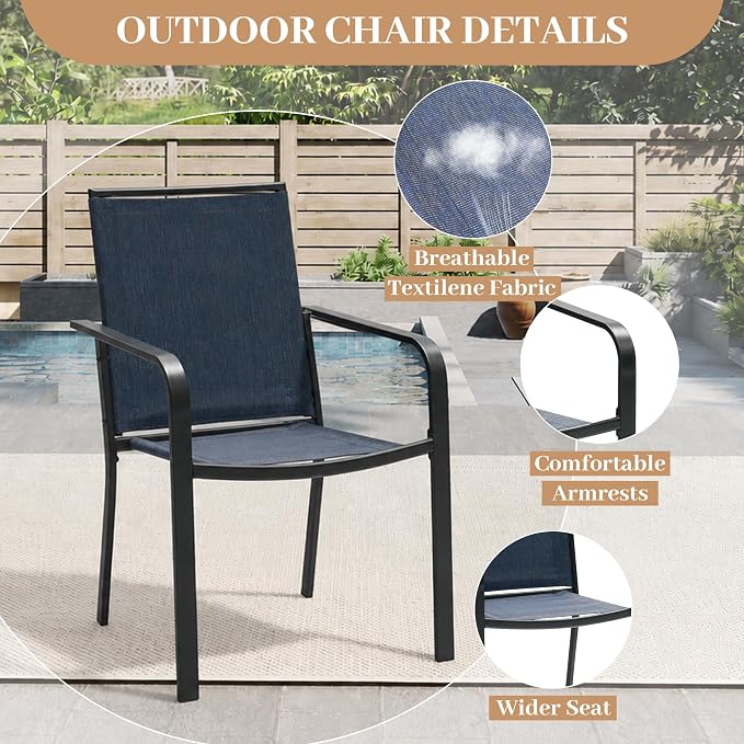 Anmutig 5-Piece Outdoor Patio Dining Set 37-Inch Square Glass Table with 4 Stackable Chairs for Lawn Backyard and Deck, Blue