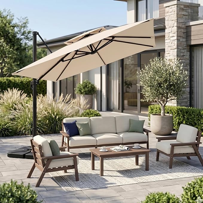 Kingdura Cantilever Patio Umbrella with Double Top Vent, Large Square Aluminum Outdoor Offset Umbrella with 360-degree Rotation, Infinite Tilt, UV Protection for Pool Deck Garden Patio