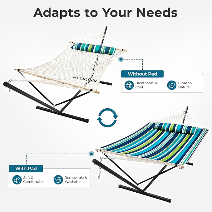 SUPERJARE 12ft Double Hammock with Stand, Rope Hammock for 2 Person, Detachable Hammock Bed and Pillow, Portable, Anti-Tip Safety Ropes, Carry Bag, Outdoor Backyard Patio Camping, Dark Cyan