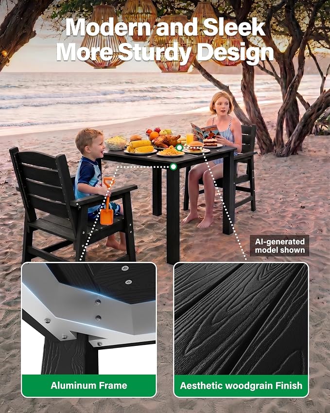 YEFU 3-Piece Outdoor Dining Set：HIPS All-Weather Patio Dining Sets Modern Waterproof Outdoor Table and Chairs for 2 - Easy-Clean Square Patio Furniture Set for Garden Poolside Backyard Deck（Black）