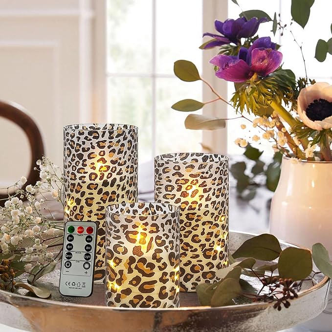 Flickering Flameless Candles, Recessed String Light LED Candles 3D Wick Acrylic Battery Operated LED Pillar Candles with Remote and Timer for Modern Simple Home Decor Set of 3(Leopard)