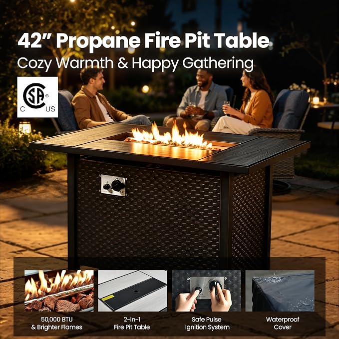 7 Piece Patio Furniture Set with Firepit Swivel Chair, Denim Blue | High Back Swivel Rocker Chairs, Deep Seat Sofa Ottoman, Fire Pit Table, Outdoor Conversation Sets for Porch Deck Backyard