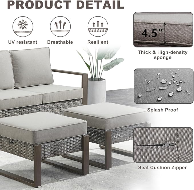 Rilyson Outdoor Wicker Patio Furniture Sets - 5 Piece Patio Conversation Set with 2 Wicker Swivel Rocker Chairs,2 Rattan Ottoman and 1 Couch,Thick Cushions,Deep Seating,Wide Armrest(Mixed Grey/Grey)