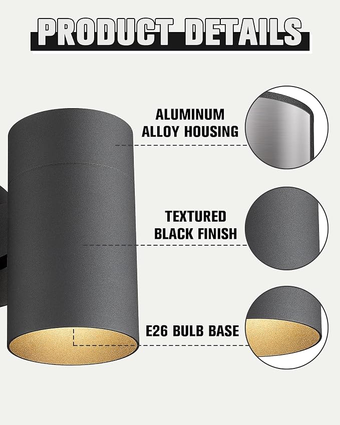 Ken & Ricky Modern Outdoor Wall Sconce Lights,Cylinder，Black ，1 Pack | No Glare Aluminum Exterior Lighting Fixtures,Downward Outside Wall Light,E26,For House Front Porch Garage Patio Entryway