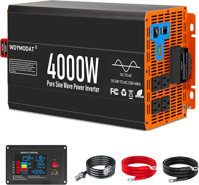 4000W Pure Sine Wave Inverter,24V DC to 120V AC Car Power Inverter 8000W Peak with 4 AC Outlets, 3.0A USB and Type-C, LCD Display 16.5 ft Remote Control for RV Truck Travel Solar Emergency