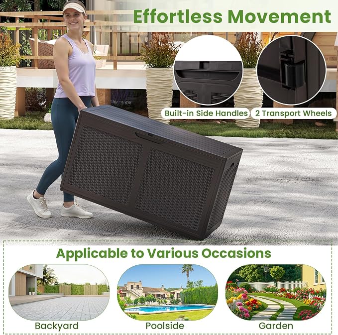 Giantex 100 Gallon Resin Outdoor Storage Box, Waterproof Deck Box w/Lockable Lid & Wheels, Rattan Storage Container Bench for Patio Cushions, Pool Accessories, Gardening Tools, 440 lbs (Brown)
