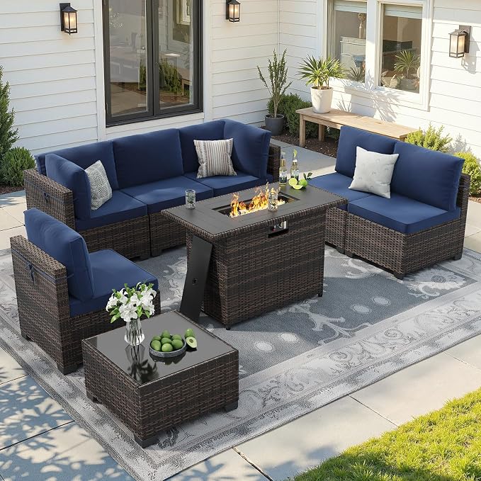 Soohow 8 Piece Patio Furniture Set with 44" Fire Pit Table, Outdoor Sectional Wicker Rattan Conversation Set for Garden, Porch, Backyard - Navy Blue Cushions