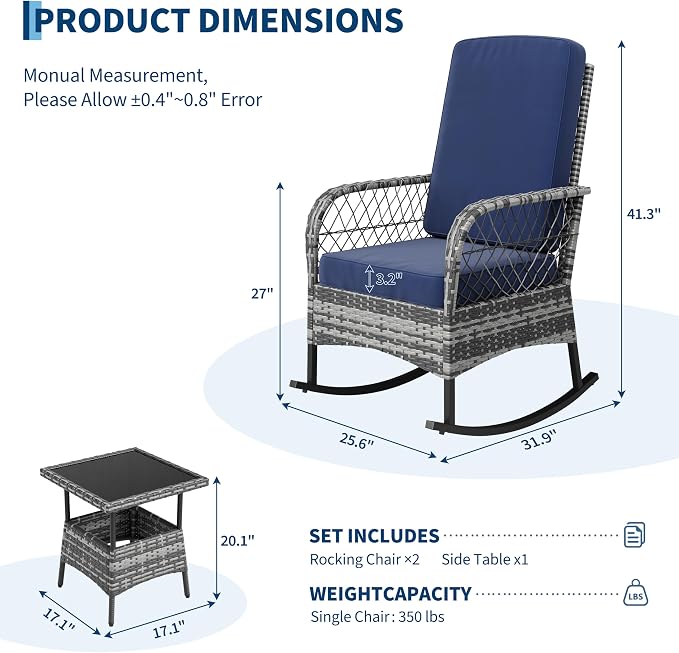 GarveeHome 3-Piece Outdoor Rocking Chair Set, Wicker Rattan Patio Furniture with Glass-Top Coffee Table, Modern Conversation Seating with Cushions for Porch, Backyard (Gary Rattan & Blue Cushion)