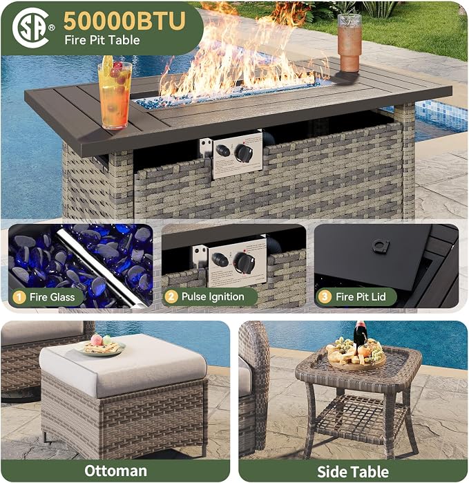 Aoxun 7-Piece Patio Furniture Set with 44” Fire Pit Table, Wicker Rattan Outdoor Sectional Sofa with High Back Swivel Rocker Chairs, Outdoor Patio Furniture Set with Thick Cushions & Ottoman, Grey