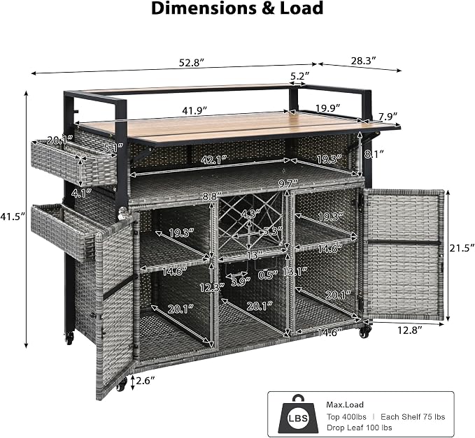 52.8" W Wicker Outdoor Grill Cart with Extended Plastic Wood Table Top, Rolling Kitchen Island on Wheels, Ample Storage, and Double Handle Design – Perfect for Patio, Backyard, and Poolside