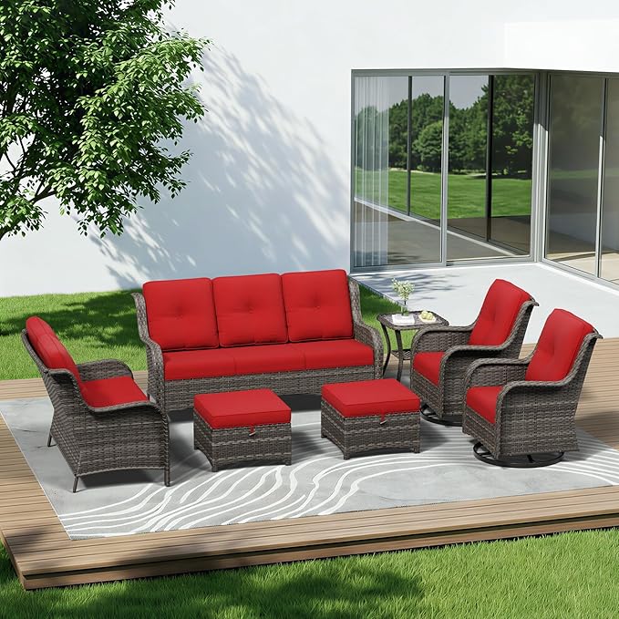 7 Piece Outdoor Wicker Patio Furniture Set, Outdoor Swivel Rocker Patio Chairs Set with Thickened Olefin Cushions, High Back and Deep Seating, Hand-Woven PE Rattan for Porch, Deck