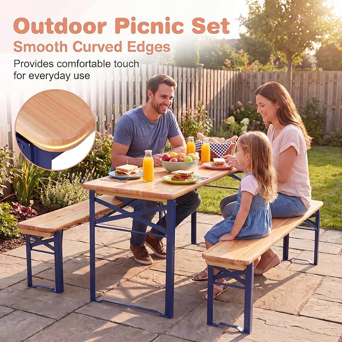 HONEY JOY Kids Picnic Table, 43.5 Inch Folding Toddler Outdoor Table & 2 Benches, Fir Wood Top & Metal Frame, No Assembly, Portable Easy to Store Camping Table and Chairs for Patio Backyard (Blue)