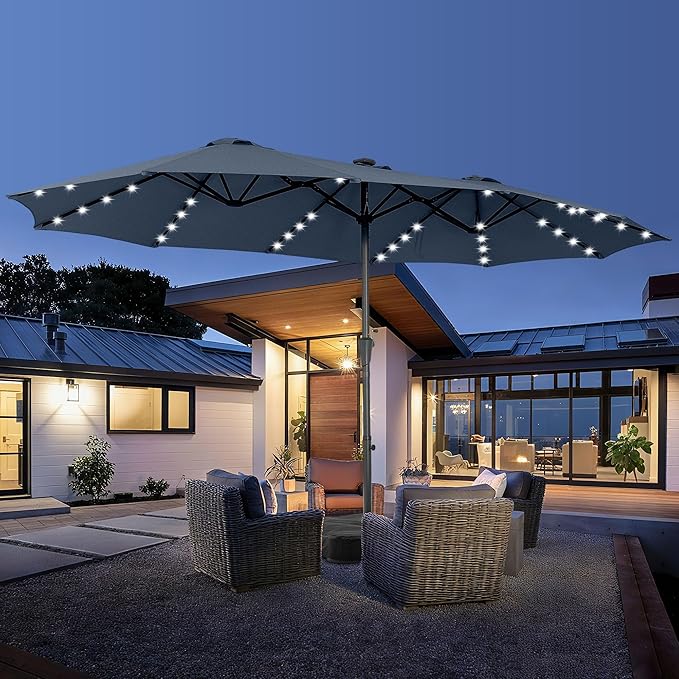 15 ft Patio Umbrella with 48 LED Lights, Large Rectangle Outdoor Solar Umbrella with Matching Base, Strap, Crank, Navy Blue