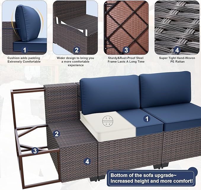 Patio Furniture Set 7PCS Outdoor Furniture for Backyard Sectional Sofa Set, Rattan Wicker Patio Conversation Set with 4 Inch Thickened Cushions and Glass Coffee Table, Navy Blue