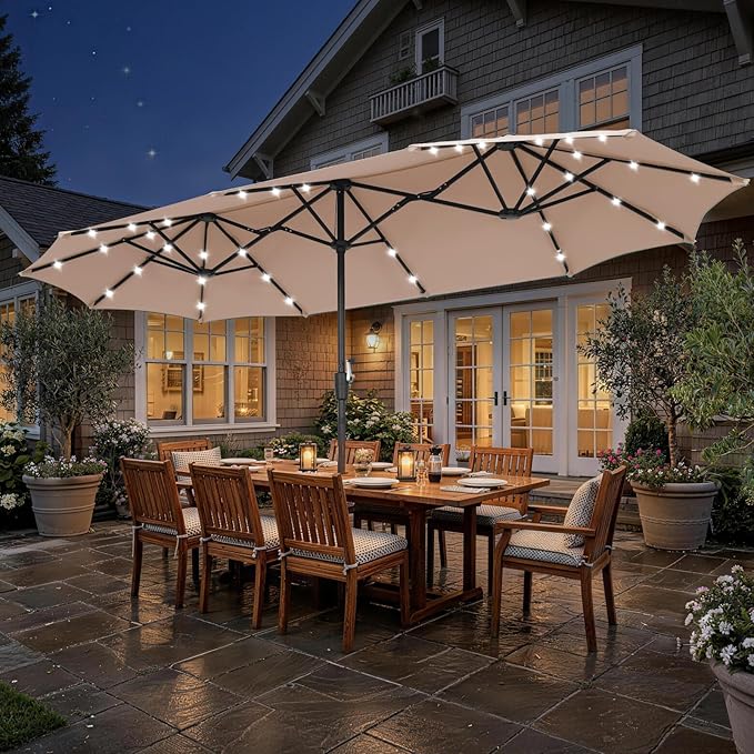 13 ft Patio Umbrella with 36 LED Lights, Large Rectangle Outdoor Solar Umbrella with Strap, Crank, Khaki