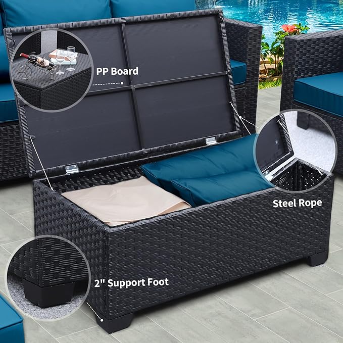 Rattaner Patio Furniture Set 7 Pieces Couch Outdoor Chairs Coffee Table Peacock Blue Anti-Slip Cushions and Waterproof Covers