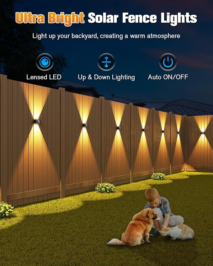 VOLISUN Solar Fence Lights 6 Pack, Color Glow LED Up and Down Wall Lamp, IP65 Waterproof Solar Lights Outdoor for Patio, Backyard, Railing, Deck, Fence and Wall（6 Lenses）