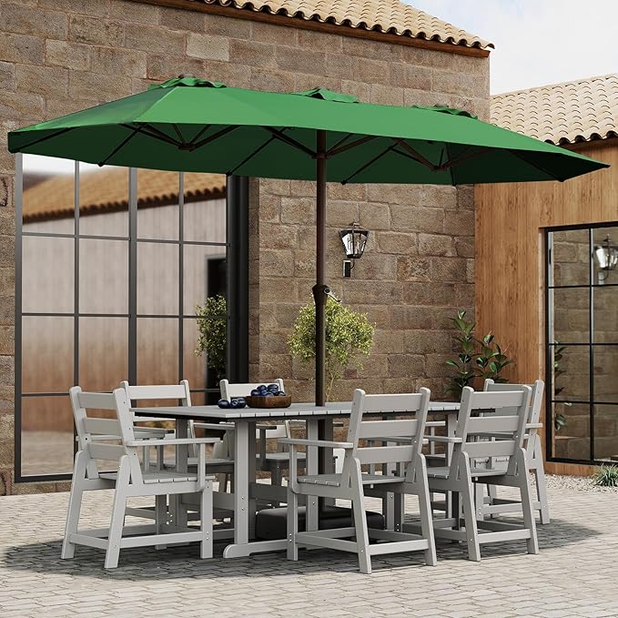 BRIOPAWS 15-FT-Large-Patio-Umbrella-with-Base | Double-Sided | Outdoor Table Umbrellas | w/Crank Handle | 12 Sturdy Fiberglass Rib | UV-Protection | for Garden Deck Backyard Pool | Forest Green