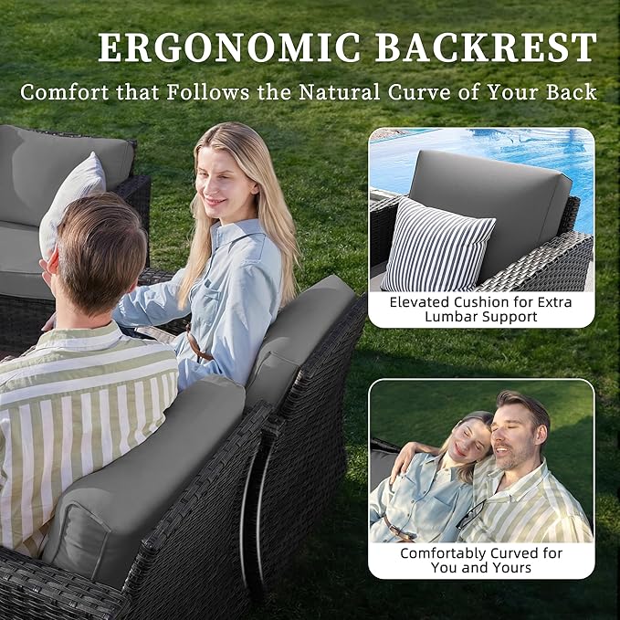 UDPATIO Patio Furniture Set with Fire Pit Table and Swivel Rocking Chairs, 6 Pieces Outdoor Wicker Furniture Set with Waterproof Cover, 4'' Thickened Cushion, Grey