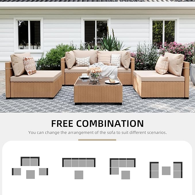UPHA 5 Pieces Patio Furniture Sets, Wicker Outdoor Sectional Sofa Couch with Coffee Table, Patio Conversation Set for Deck Backyard Garden, Beige Rattan, Beige Cushion