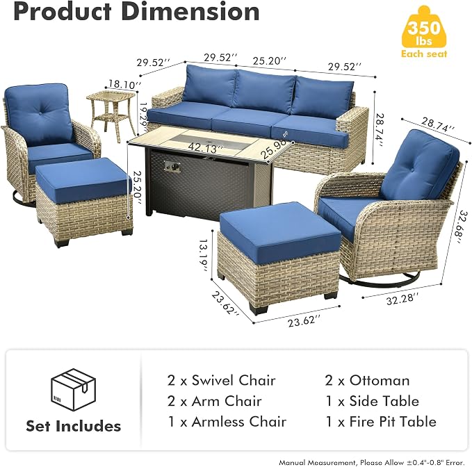 HOOOWOOO Sectional Patio Furniture Set with Fire Pit Table,9 Pieces Wicker Outdoor Furniture Couch,Outside Conversation Set Extra Deep Seat Sofa Wide Rocking Chairs Ottomans Arm Solar Table,Navy Blue