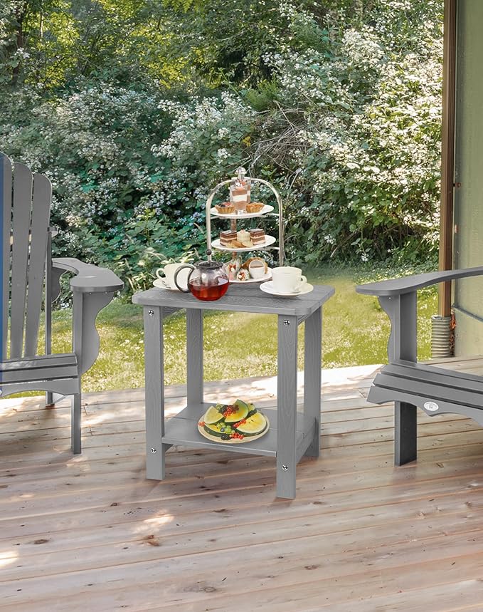 Tikea Adirondack Outdoor Side Table, 2-Tier 16.7" Outdoor End Table for Patio Pool Porch, All Weather Resistant Patio Furniture Gray