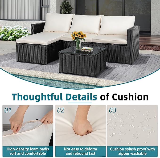 SUNLEI Patio Furniture Set with Detachable Soft Cushions, Outdoor PE Rattan Patio Conversation Sofa Set, 3-Piece Patio Sectional Sofa with Glass Coffee Table, Black Rattan/White