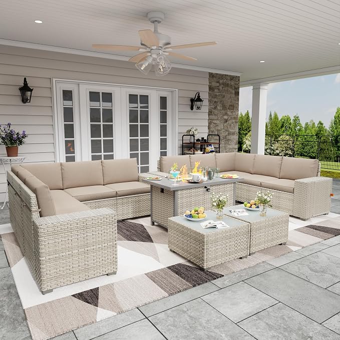13 Piece Patio Furniture Set with 50,000 BTU Rattan Fire Pit Table that Converts to Coffee Table, 9.8" Wide Arm Sectional Sofa with Storage Armrests, Outdoor Rattan Conversation Set, Khaki