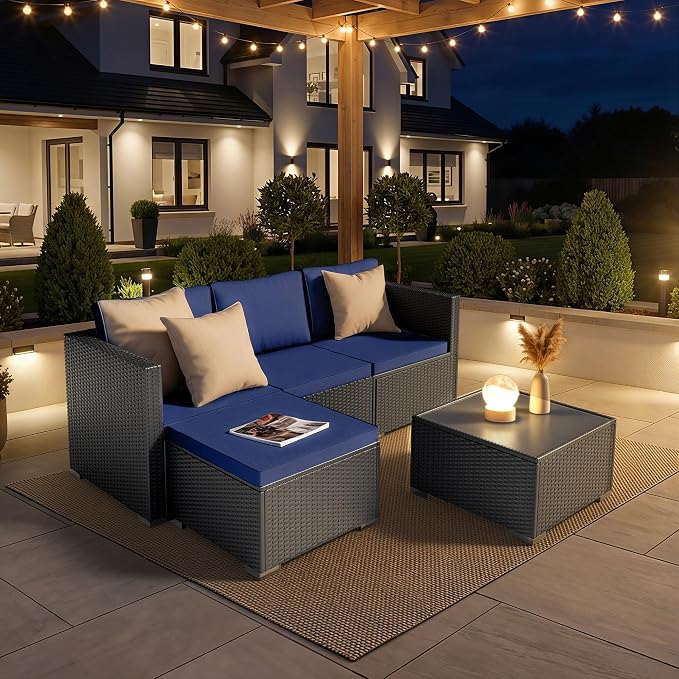 Patio Furniture Set - All-Weather -5 Piece Outdoor Patio Conversation Couch Sets, Modular Wicker Rattan Sectional Sofa for Garden, Patio, Poolside, Backyard, Balcony, Porch,Navy Blue