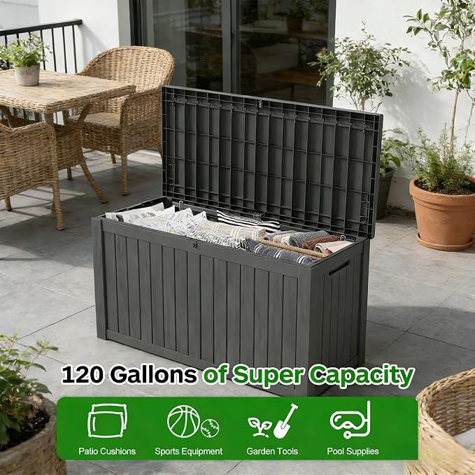 FEFLO 120 Gallon Waterproof Resin Deck Box, Heavy-Duty Outdoor Storage Box | Lockable Lid & UV-Resistant Patio Storage Chest for Garden Tools, Pool Accessories, Package Delivery, Toys, Furniture