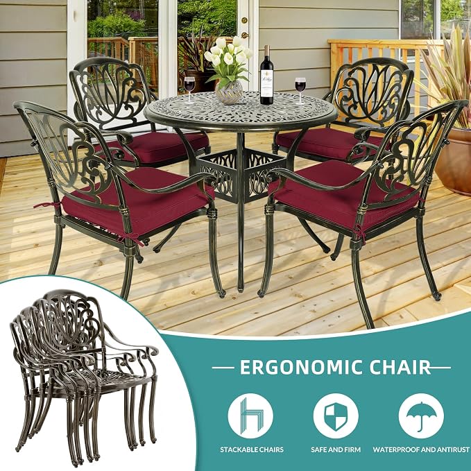 MEETWARM 5 Piece Outdoor Furniture Patio Dining Set, All-Weather Cast Aluminum Patio Table and Chairs Set- 4 Cushioned Chairs, 1 Round Dining Table with Umbrella Hole for Backyard, Chili Red