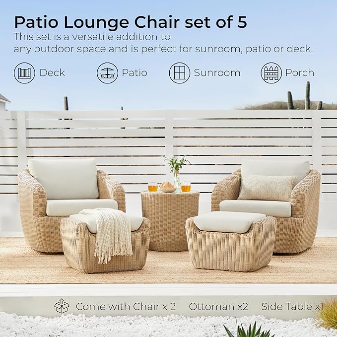 CHITA 5 Pieces Patio Wicker Furniture Set, Outdoor Rattan Bistro Set with Removable Thickened Cushions, Fully Assembled(Beige Cushions with Light Brown Wicker)