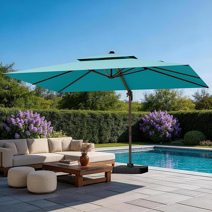 GENTEACO 10x13FT Wood Pattern Cantilever Patio Umbrella, Double Top Rectangle Offset Umbrella 7 Angle Tilts & 360° Rotation, Large Heavy Duty Outdoor Sun Umbrella for Pool Market, Turquoise Blue