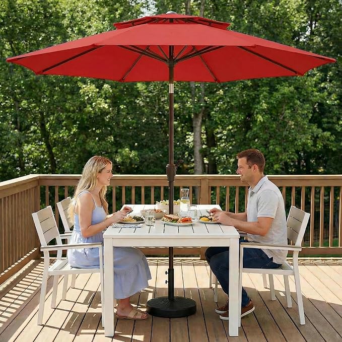 Outdoor Patio Umbrella, 2 Tiers Market Table Umbrella with 8 Sturdy Ribs, Push Button Tilt and Crank, UPF50+ UV Protection for Deck, Pool, Garden and Backyard