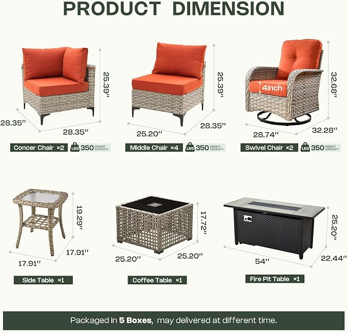 11 Piece Patio Furniture Set Outdoor Sectional with 54" Fire Pit Table, Wicker Swivel Rocking Chairs and L-Shaped Rattan Couch, Modular Conversation Set with Solar Coffee Table for Backyard, Orange