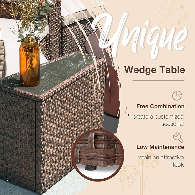 SUNSITT Rattan PE Resin Wicker Patio Side Table 2-Pack Sofa Wedge End Table with Tempered Glass Top, Brown