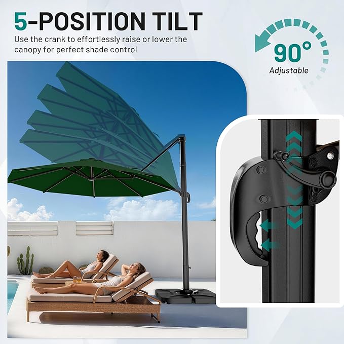AreShark 11FT Round Cantilever Patio Umbrella with Base Included, 360° Rotation Offset Outdoor Umbrella, 5 Tilt Settings Heavy Duty Hanging Parasol for Deck Garden Pool, Dark Green