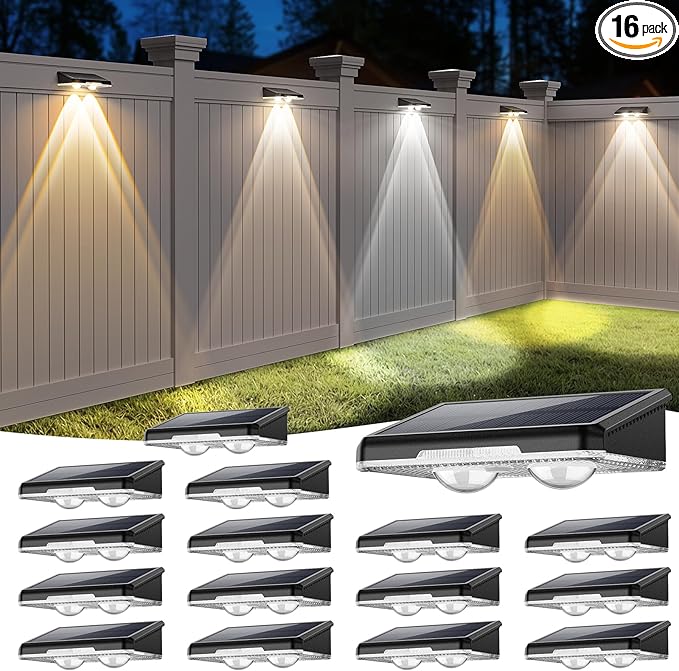 Solar Fence Lights Outdoor-3000/4000/6000K 3 Mode,IP65 Waterproof Solar Powered Lights Outdoor for Backyard/Patio/Fence/Wall/Deck/Step/Porch/Railings/Pool (16pack)