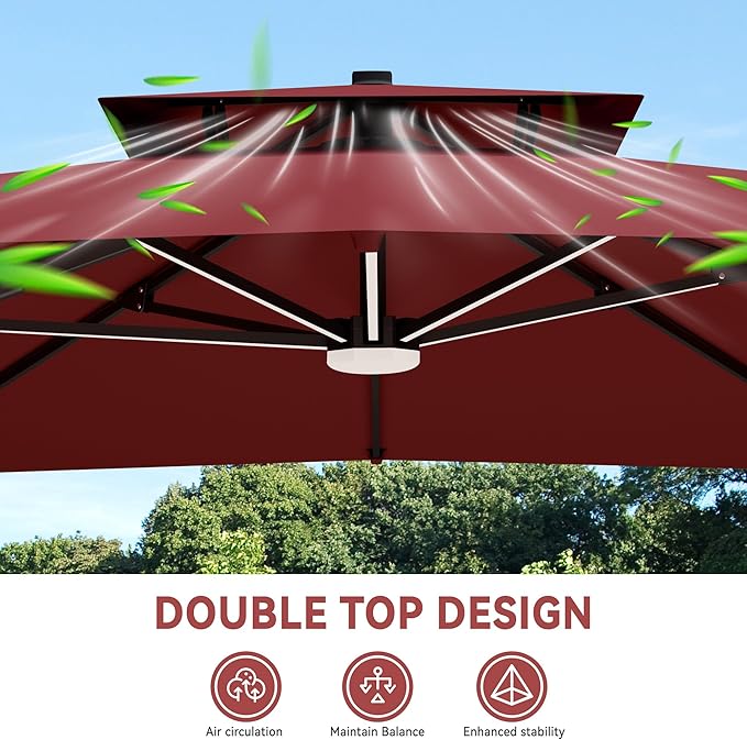 10x13 FT Cantilever Patio Umbrella with Led Lights Double Top Outdoor Rectangular Large Heavy Duty Aluminum Offset Umbrellas with 7 Level Tilt 360-degree Rotation for Pool Garden Deck, Wine Red
