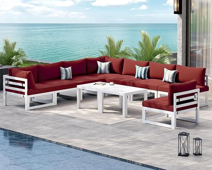NICESOUL 8 Seat XL Oversized Modern Aluminum Patio Furniture Set, Weather Resistant Modular Sectional Sofa with Coffee Table, 500 lbs Heavy Duty Comfortable Outdoor Sitting for Exterior Backyard, Red