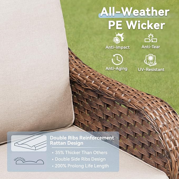 6 PCS Patio Furniture Set, Outdoor Wicker Sofa & 2 Swivel Rocking Chairs with 2 Ottomans & Side Table, 4-Inch Thick Olefin Cushions, 300 lbs Capacity Rattan Conversation Set for Porch, Beige
