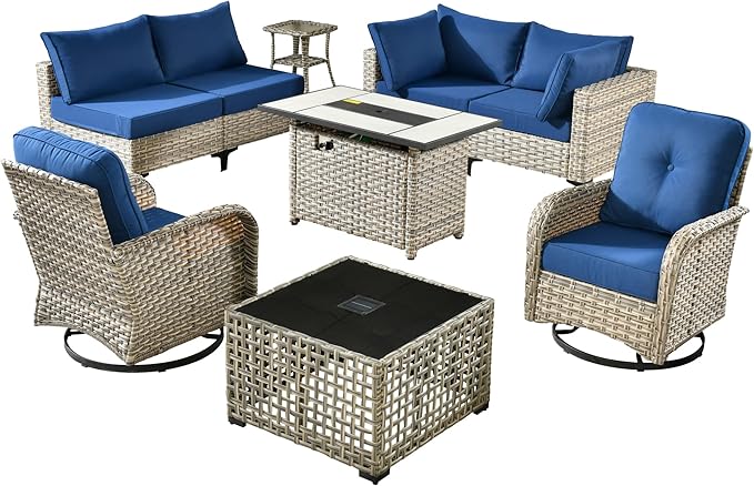 Outdoor Patio Furniture Sets,9 PCS Patio Conversation Set Outside Rattan Sectional Sofa with 42 in Square Fire Pit Table Wicker Rocking Chair Coffee Table Fit Backyard Garden Poolside Balcony