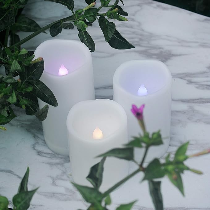 Outdoor Waterproof Color Changing Flameless LED Pillar Candles with Remote Battery Operated Plastic Decorative Multi-Color Lights for Halloween Christmas Party Centerpiece Decorations 3"x4" 3pack