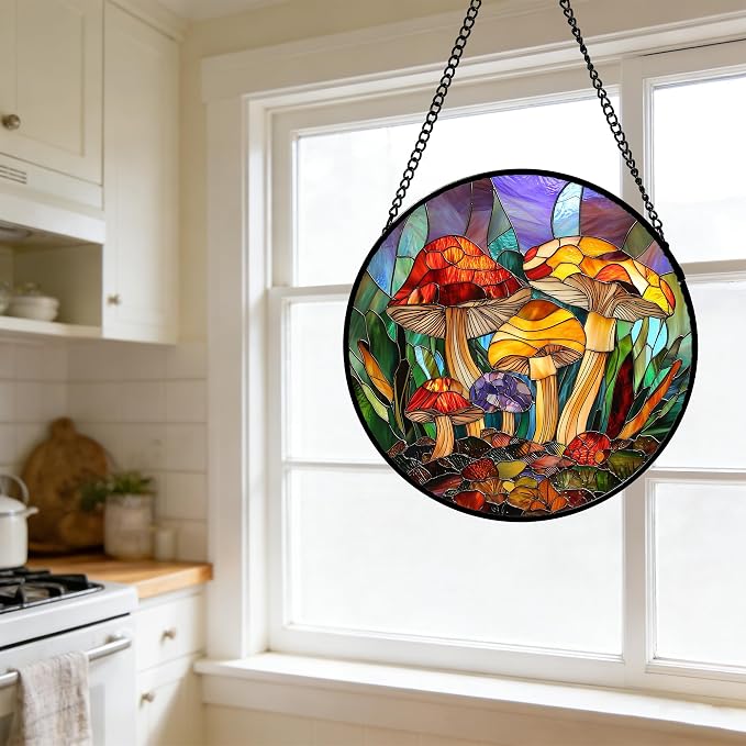 DASTOLL Stained Glass Window Hanging, Jungle Mushrooms Sun Catchers Diamond Glass Panel Hangings Plant Suncatcher Decor for Birthday for Women,Men, Wife, Aunt,and Mom 6.3X6.3 in