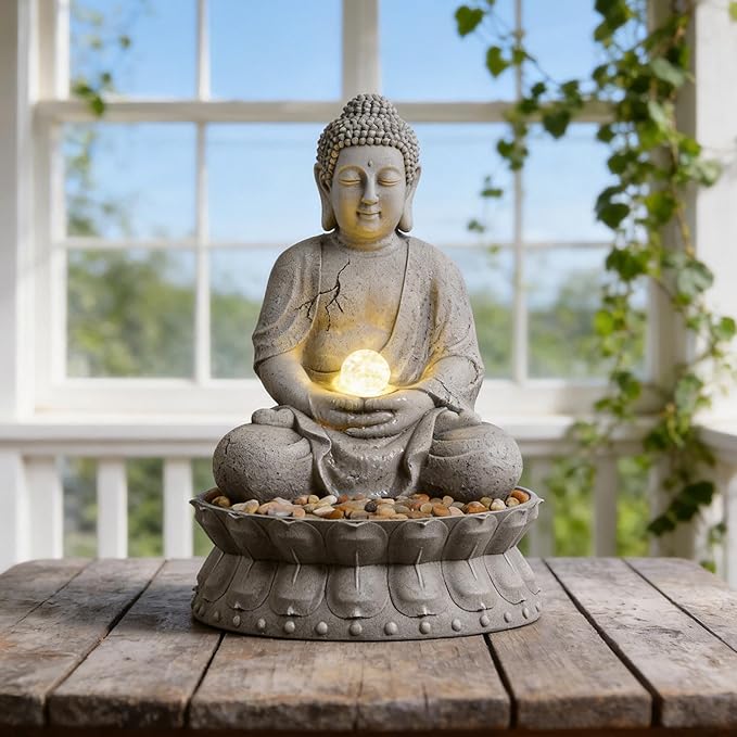 MAOCHI Buddha Statue Outdoor Water Fountain with LED Light, Gray Stone-Like with Lotus Base, Decorative Garden, Yard and Patio