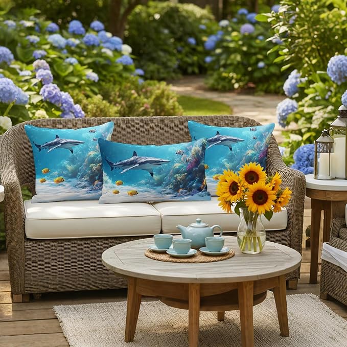 JasmineM Outdoor Pillow Cover Set of 2 Ocean Shark Waterproof Throw Pillow Covers Underwater Decorative Pillowcases Garden Cushion Case for Patio Couch Sofa 16x16 Inch