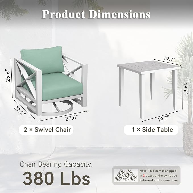 3 Piece Aluminum Rocking Patio Furniture Set, Modern Outdoor Patio Conversation Sets with Ergonomic Swivel Chairs, 6" Thick Washable Cushions and Coffee Table for Balcony, Porch, Backyard,White